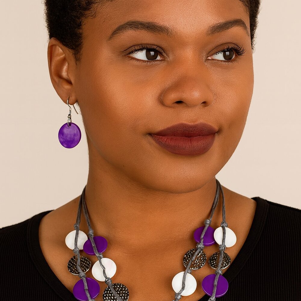 Purple & White Disc Beaded Necklace with Matching Earrings – Layered Statement